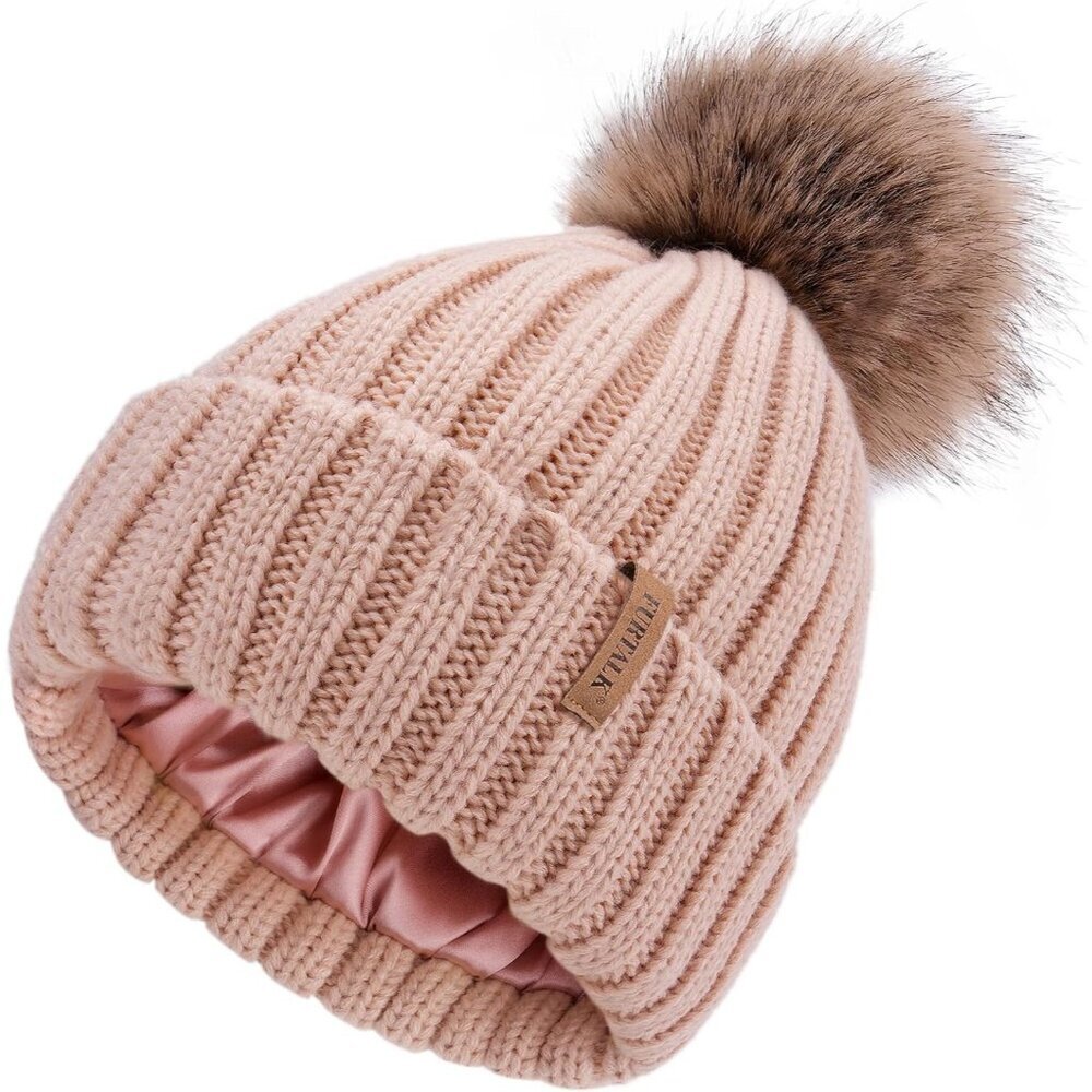 Women's Pink Winter Beanie Hat Satin Lined Faux Fur Pom Pom Beanies Hat